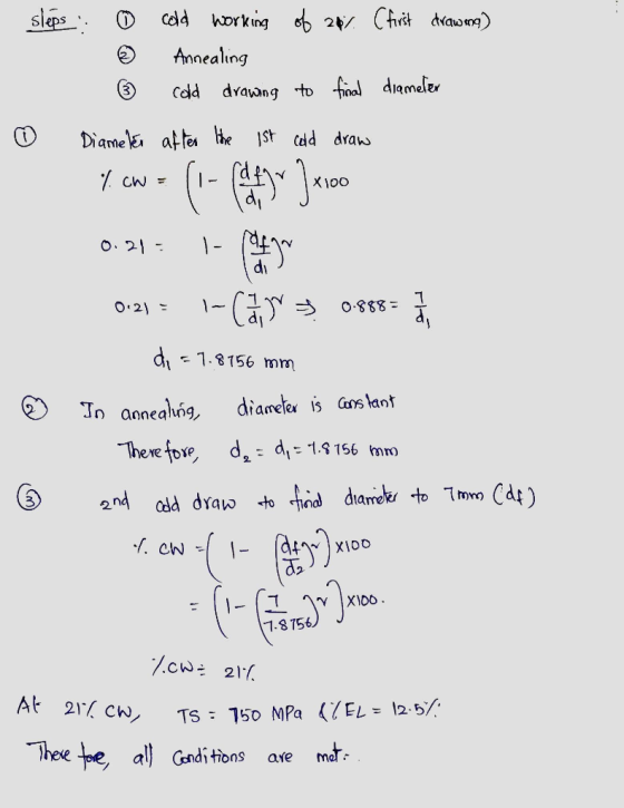 sleps: ① cold working of 20% (first drawing) © Annealing ② cold drawing to final diameter © Diameter after the 1st celd draw