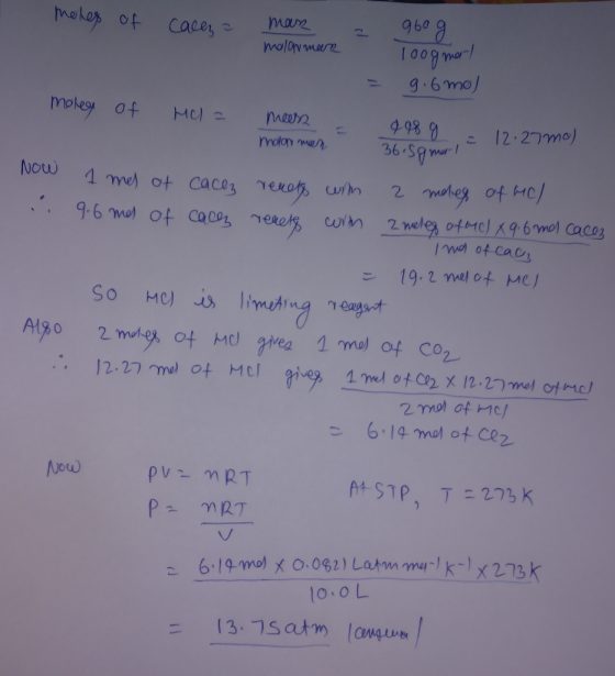 mos = 12. 27mol Now moles of cacez a man z 960g molarmen toogmert = 9.6 mol morea of Mela malonman 36 Sg mort u 1 mes of cace