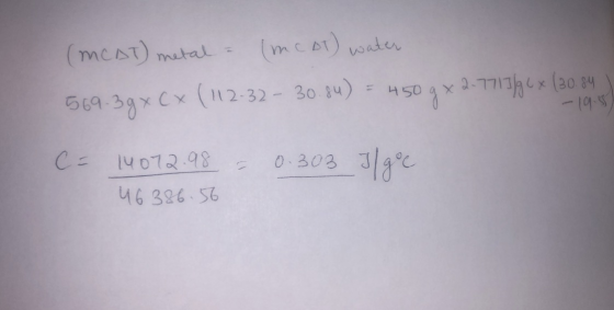 (MCAT) metal = (mcat) water 569.39 x Cx (112-32- 30.84) = 450 g * 2-7715/9 cx (30.84 - 19.5 C- 14072.98 = 0.303 46386.56 J/go