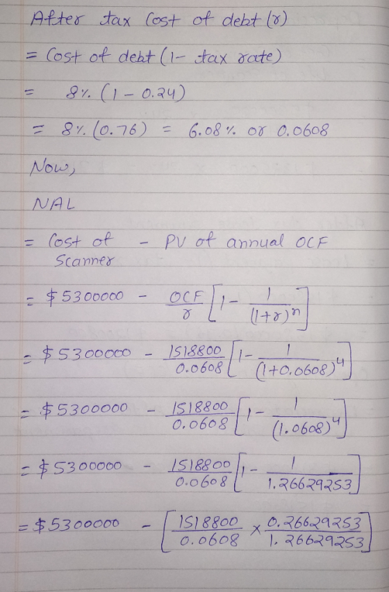 After tax cost of debt (8) - Cost of deat (1 tax rate) - 8%. (1-0.24) = 8% (0.76) = 6.08% of 0.0608 Now, NAL = Cost of Scanne