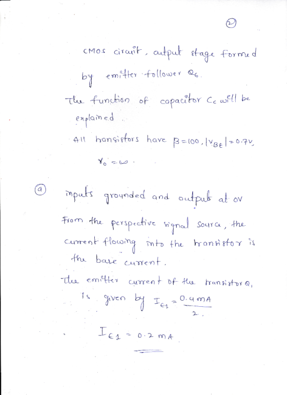 CMOs circuit output stage formed by emitter follower QG The function of capacitor Cc will be explained All hansistors have 3=