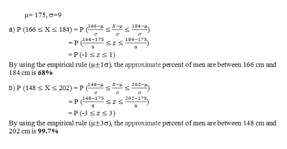 175, -9 184- a) P (166X< 184) = P 6-p 184-175, 166-175 = P P (-1 szs ) By using the empirical rule (u+10), the approximate pe