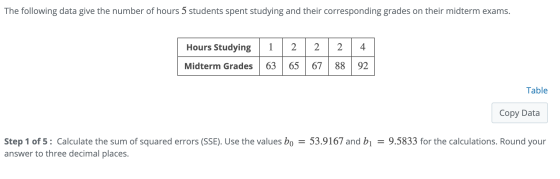 The following data give the number of hours 5 students spent studying and their corresponding grades on their midterm exams.