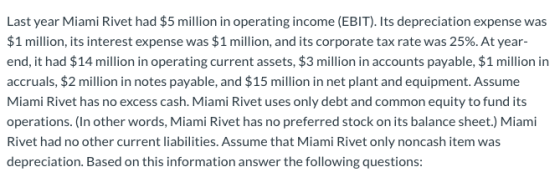 Last year Miami Rivet had $5 million in operating income (EBIT). Its depreciation expense was $1 million, its interest expens