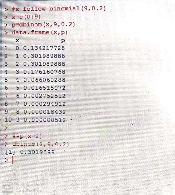 > #x follow binomial (9,0.2) XC (0:9) > p=dbinom (X,9,0.2) data. frame (x,p) 0 0.134217728 2 1 0.301989888 3 0301989888 4 3 0