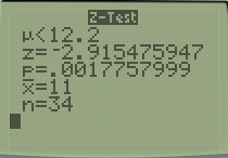 Z-Test <12.2. Z=-2.915475947 P=.0617757999 X=11 n=34