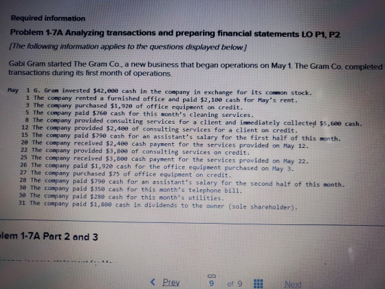 Required information Problem 1-7A Analyzing transactions and preparing financial statements LO P1, P2, [The following informa