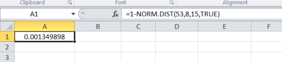 - clipboard Α1 A 0.001349898 Font Alignment l =1-NORM.DIST(53,8,15,TRUE) C D B 1 2 3