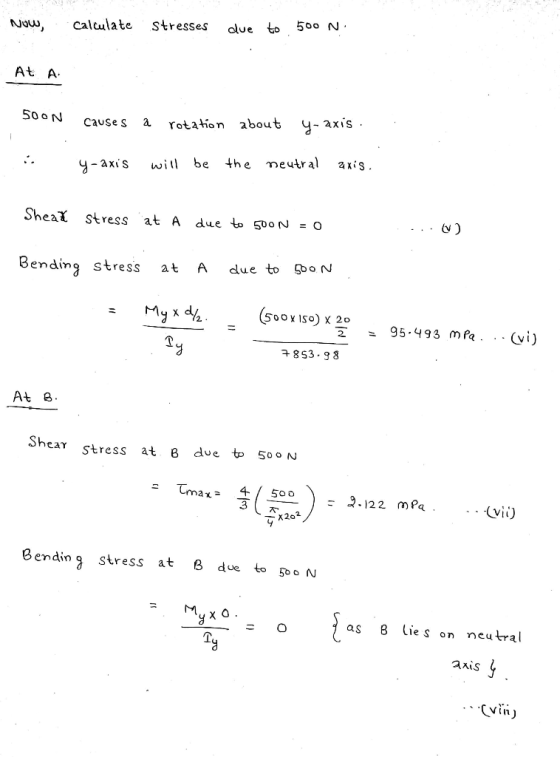 calculate stresses olue to 500 N. Now At A 500N 4-axis Yotation about Cause S аxiS. the meutral . will be y-axis Sheat stress
