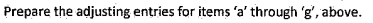 Prepare the adjusting entries for items a through g, above.