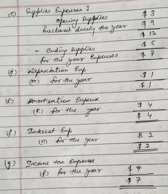 & Supplies Expenses & - opening supplies $3 0 Ensehand ducity the year $9 $12 - Cuding supplies $5 for the year Expeuses $70