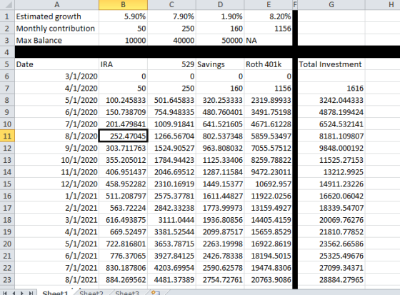 А с F G 50 Total Investment 50 B E 1 Estimated growth 5.90% 7.90% 1.90% 8.20% 2 Monthly contribution 250 160 1156 3 Max Balan