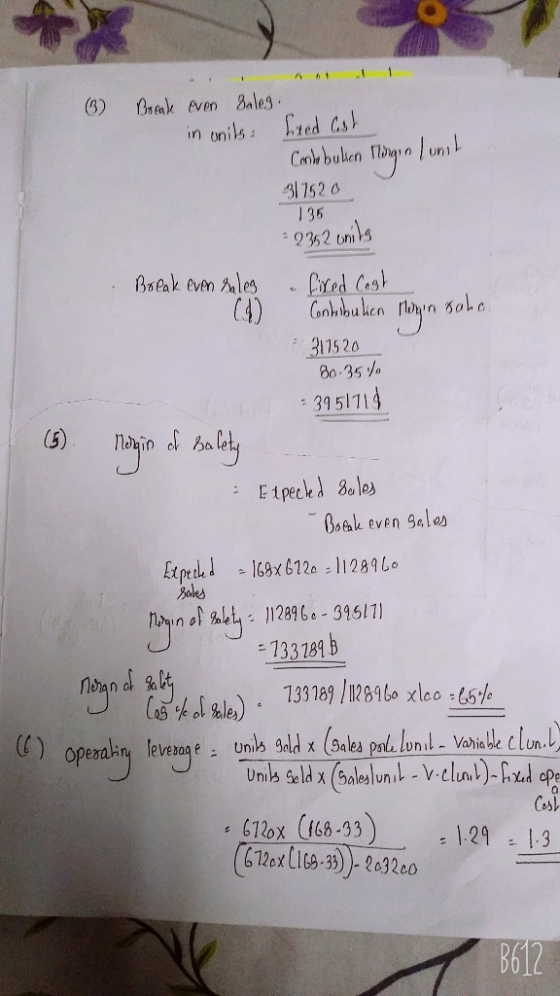 6) Break even Sales in units Eted est Come buken Mingin / unit 317520 135 = 232 units Break even Rules Ruleg fixed Cost Contr
