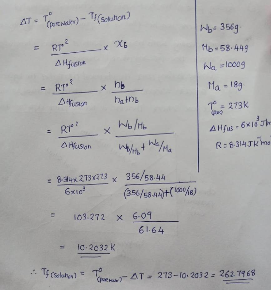 AT = Tº (Solution) (pure water) - x X6 = RT² Affusion Wb= 356g. Mb = 58.449 Wa = 1000g Ma = 189. = RTOT Difusion x hb hathb T