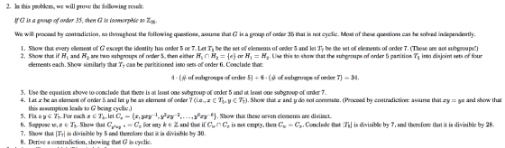 2. In this problem, we will prove the following result: If G is a group of order 35, then G is isomorphic to Zg We will proce