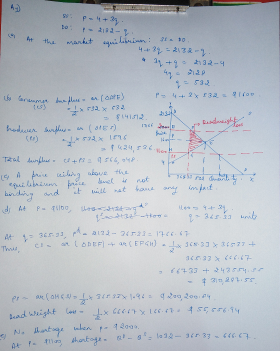 At SS: DD: P = 4+39. p=2132-q ters (Q/ a At the market equilibrium: SS = DD. 4+39 = 2132-q. a 39 + 9 = 2132-4 49 - 2128 q= 53