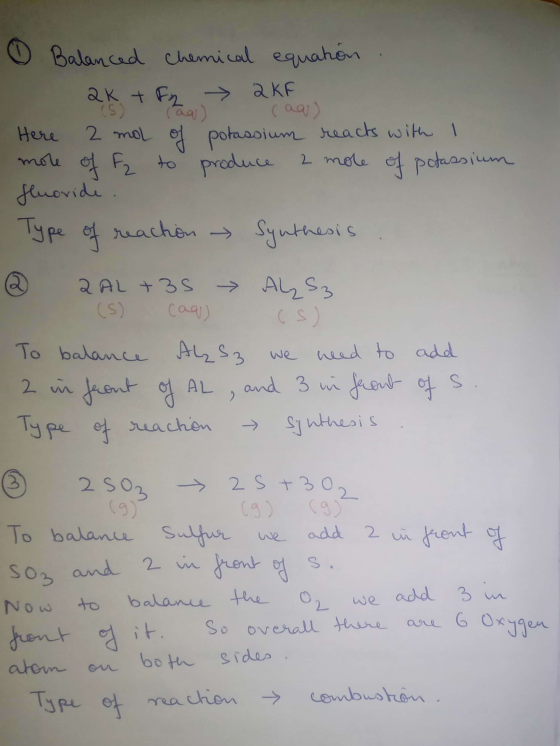 Balanced chemical equation. акт , аке 2 (ão) (aq) Here 2 mol of potassium reacts with 1 more of a to produce 2 mole of potass