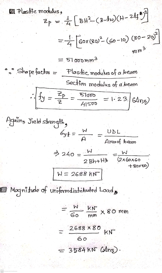 Plastic modulus, zp = 3 [B4?_(B-tw) (H = 2# & [sox (80)? (60 -10) (80-2012 3 mm 0 Shape factor = 51000mm3 Plastic modulus of