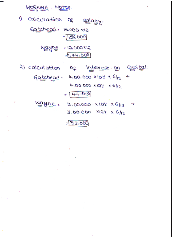 WORKING . Notçs 1 calculation of Salaay: Gatehead: 13.000 x12 -11,56,000 Wayne - 12.000x12 -144.000 2) calculation of interes