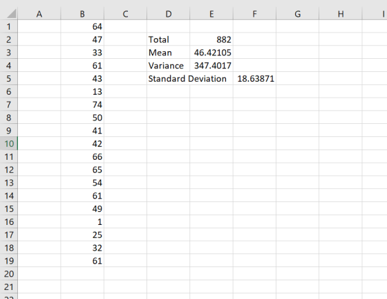 А B с D E F G H 1 1 64 2 47 3 33 Total 882 Mean 46.42105 Variance 347.4017 Standard Deviation 4 5 18.63871 6 7 8 9 61 43 13 7