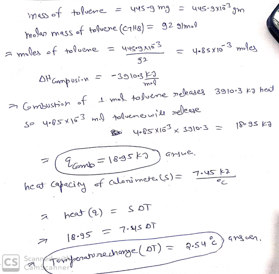 mass of toluene = 445-9 mg = 445-9x103 gm molas mass of toluene (C7H8) = 92 g/mol a moles of toluene = 445091163 C = 4.85X10-