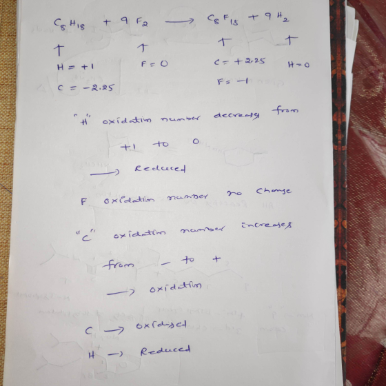& His & 9 F2 Co Fig + 9 Ha t t c=+2.25 H2O Falcon H = +1 F = 0 = -2.25 decreases from H oxidation number ti to o Redceced no
