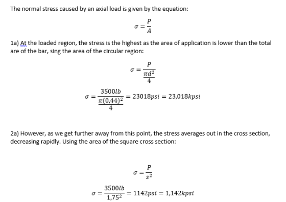 The normal stress caused by an axial load is given by the equation: 1a) At the loaded region, the stress is the highest as th