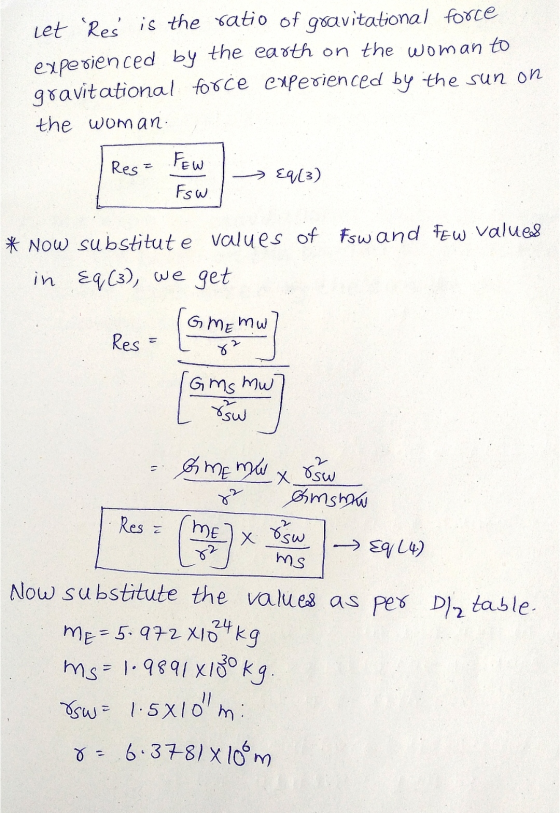 Let Res is the ratio of gravitational force experienced by the earth on the woman to gravitational force experienced by the