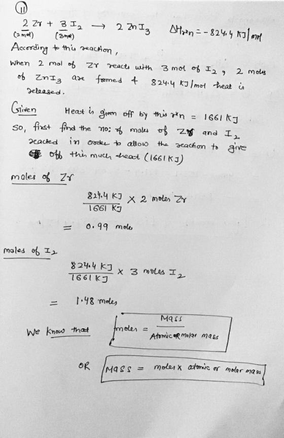 2 Z 3I, Came) Accerding t ths eacion, 2 2n 3 Atn-824 m (3me) 2 mol o ZY reacti with 3 mot o I2 When 2 moly ob Zn3 fmed t are