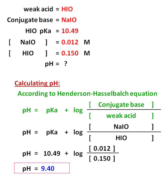 weak acid HIO Conjugate base NalO HIO pKa-10.49 I NalO0.012 M I HIO 0.150 M Calculating pH: According to Henderson-Hasselbalc