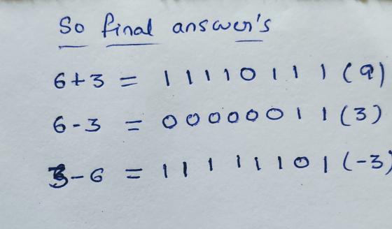 So final answers 6+3 = I1110 (9) 6-3 = OOOOOO!!(3) 3-6 = 1ll11101(-3)