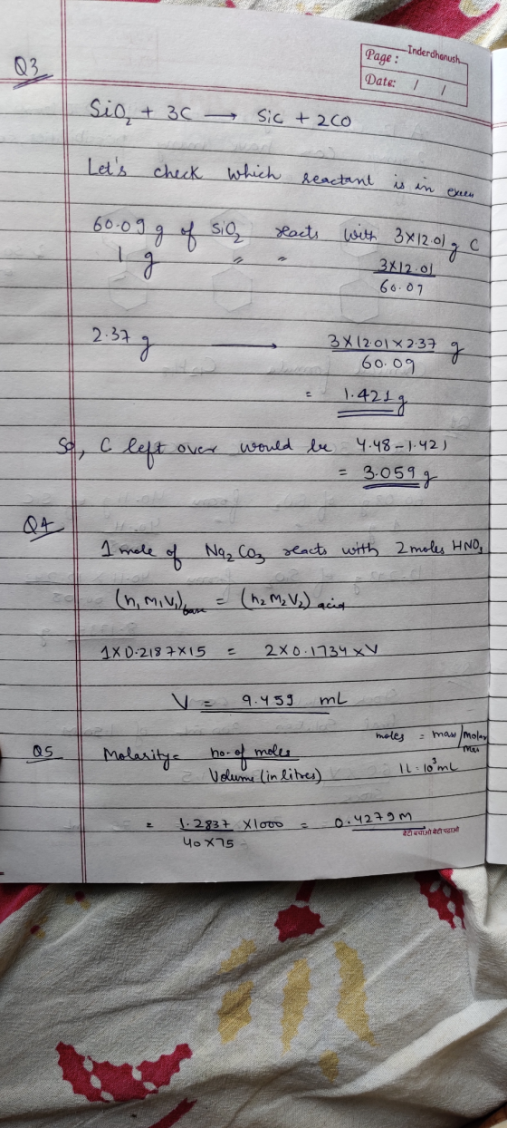 Page : Inderdhanush Date: 1 Sio + 36 Sic + 200 Lets check which reactant is in 60.09 g of sio Hacts with 3x12.01g C 3412.09