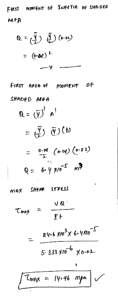 FIRST MOMENT OF INELTIA OF SHADED AREA a = $ 10.02) = 0.0f) 2 -* - FIRST AREA OF MOMENT of SHADED AREA a = CW = q) (b) = D.