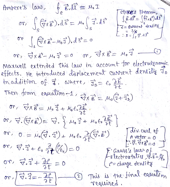 de Amperes law, $. Bidh = M, I Tstokes theorem, d3 = Mo ( F. ds I SB. dt? = SGxBds Je current density on I fx -M07).d3=0