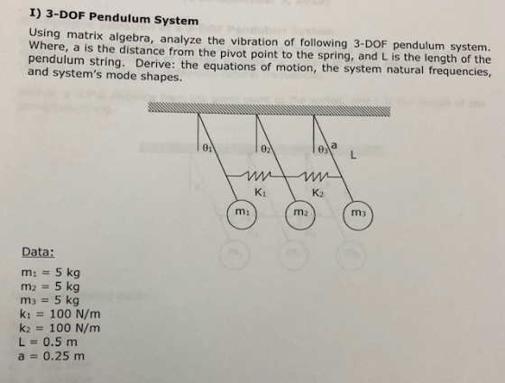 I) 3-DOF Pendulum System Using matrix algebra, analyze the vibration of following 3-DOF pendulum system. Where, a is the distance from the pivot point to the spring, and L is the length of the pendulum string. Derive: the equations of motion, the system natural frequencies and systems mode shapes 01 02 K2 mi m2 m3 Data: mi 5 kg m2 = 5 kg m3 5 kg k1 100 N/m k2 100 N/m L 0.5 m a = 0.25 m