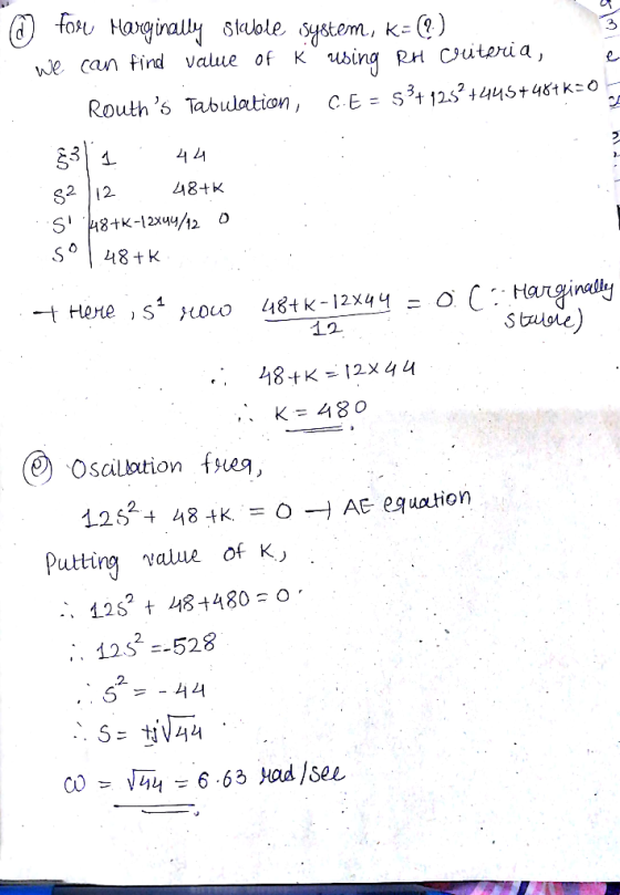 we can find value of K ubing RH cuteia, s3t12S, t 44 St 484 k:0 Rouths Tabulation, CE: S2 12 448+K S8K 12 48-K-12x44 Oscilla