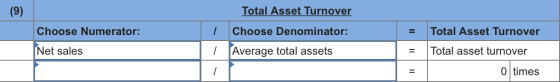 Choose Numerator: Total Asset Turnover Choose Denominator: Average total assets = Total Asset Turnover Net sales | = Total as