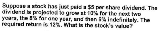 Suppose a stock has just paid a $5 per share dividend. The dividend is projected to grow at 10% for the next two years, the 8