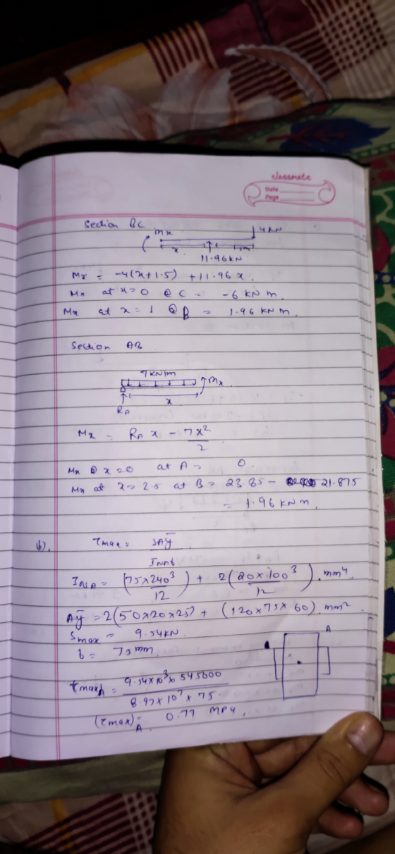 Assa Date Section BC mn 11.96kN Mr = -412+15) +11.96x un at uzoaca - 6 kN m Mm at x = @ B - 1.96 kN m Section KNIM М - R, X -