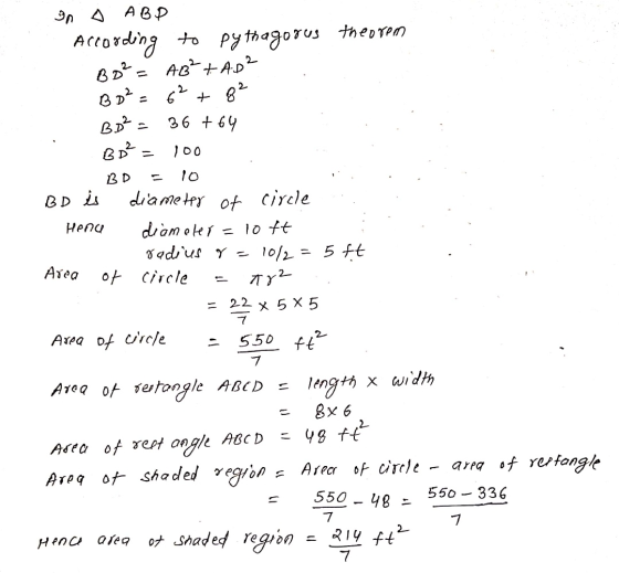 BD BD is in A ABD theorem According to pythagorus Bo² = AB²+ AD² BDP 62 +8² BD² 36 + 64 BD = 100 10 diameter of circle Hence