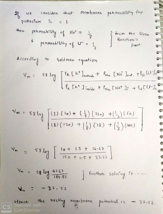 I that membrane permeability for we consider pottastum is = 1 then permeability of Nat = 1 } from the given Questions & perm