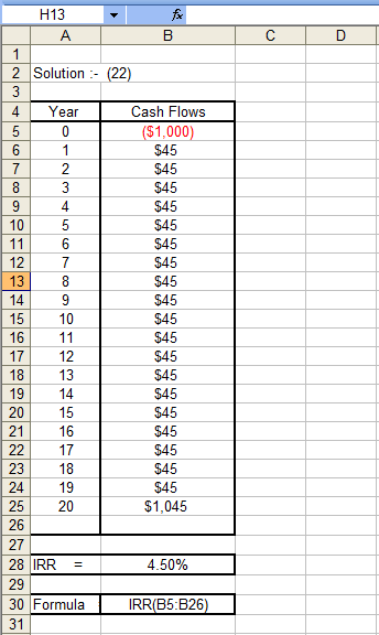 H13 А в с 2 Solution - (22) Year Cash Flows ($1,000) $45 $45 $45 $45 $45 $45 $45 $45 $45 $45 $45 $45 $45 $45 $45 $45 $45 $45
