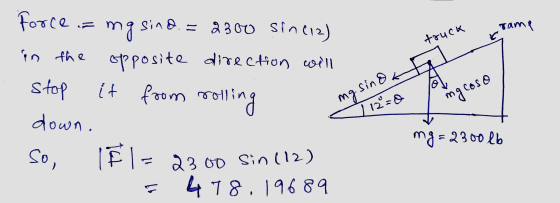 Force sino. = 2300 mgsind. sin (12) Tamp truck in the opposite direction will it om rollin o ng sind. mg caso 112=0 stop down