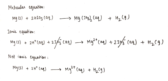 Molecular equation: Mg (s) + 2H103 (aq) + Mg (103), (aq) + Hz (9) Ionie equation: mg (s) + 2 ** (aq) + 2565 caq) → might caq)