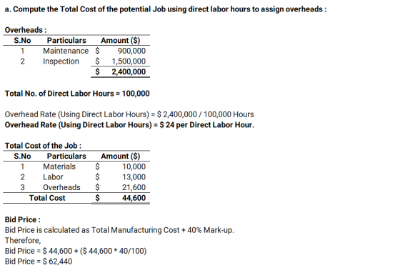 a. Compute the Total Cost of the potential Job using direct labor hours to assign overheads: Overheads Amount ($) Particulars
