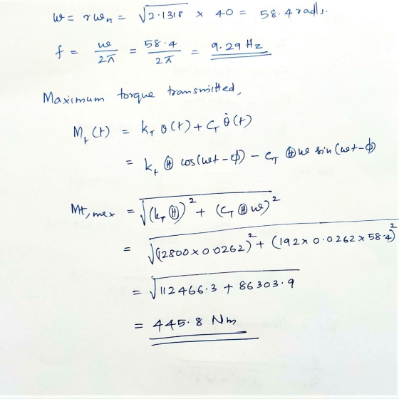 We runs V2.1318 x 40 = 58.47adls. fa hao -584 - 9.29 Hz 23 Maximum torque transmitted, M, CH = kr OCH+GÒ CH) = k ④ cosluet-d