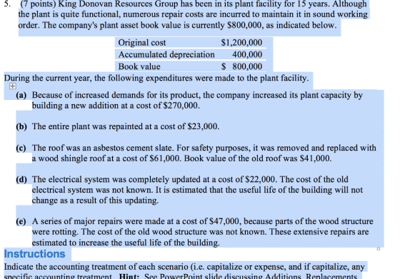 5. (7 points) King Donovan Resources Group has been in its plant facility for 15 years. Although the plant is quite functiona