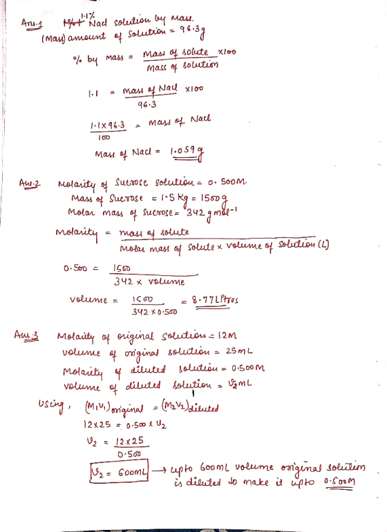 Ans. 1 1-17% 14+ Nad solution by Maus. (mass) amount of Solution 96.39 % by mass = mass of solute xico mass of solutim XIDO m