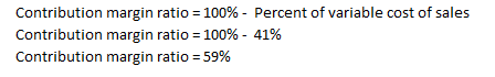 Contribution margin ratio = 100% - Percent of variable cost of sales Contribution margin ratio = 100% - 41% Contribution marg