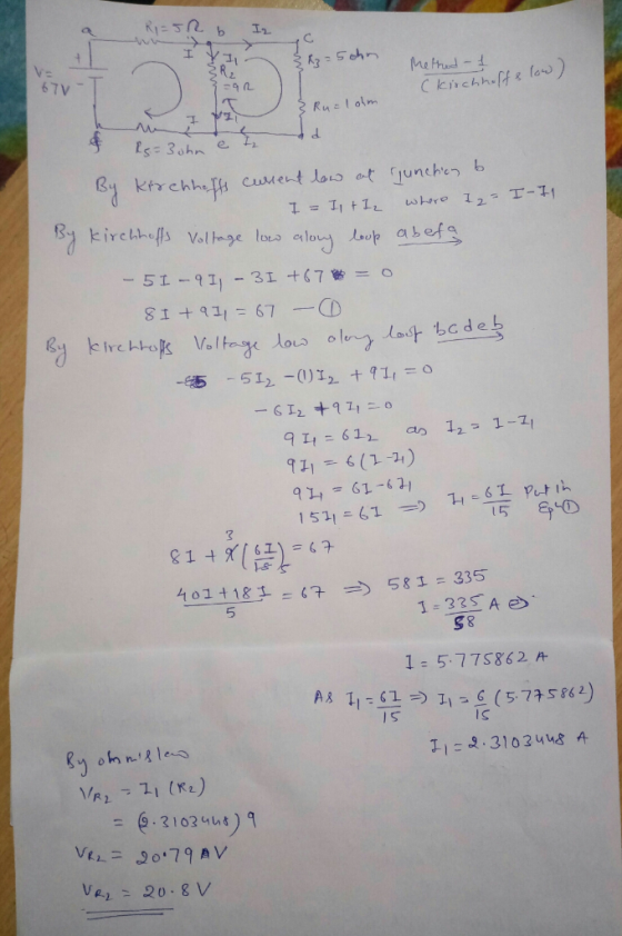 RIEUR b Iz I & R3 = 5ohn Methed - 1 3R₂ 3=90 Iyu) & Ruzlohm Rs=3ohn ě z d By kirchhoffs current low at I = Is t Iz Junction b
